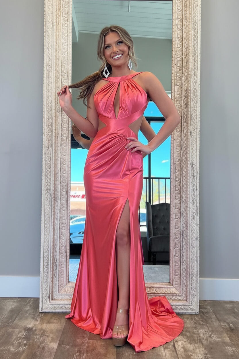 Stylish Fuchsia Metallic Mermaid Prom Dress With Slit And Open Back Formal Evening Gown