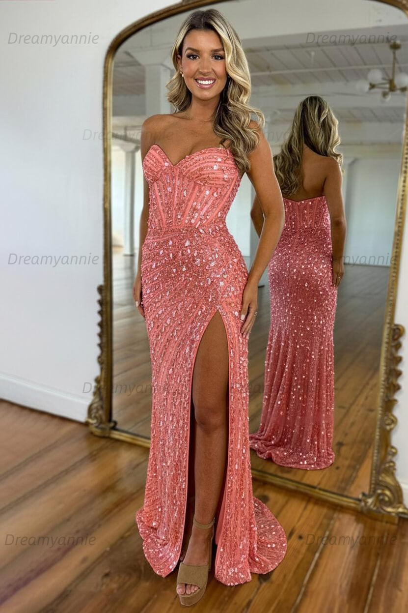 Sweetheart Mermaid Sequined Prom Dress With High Slit Skirt Evening Gown