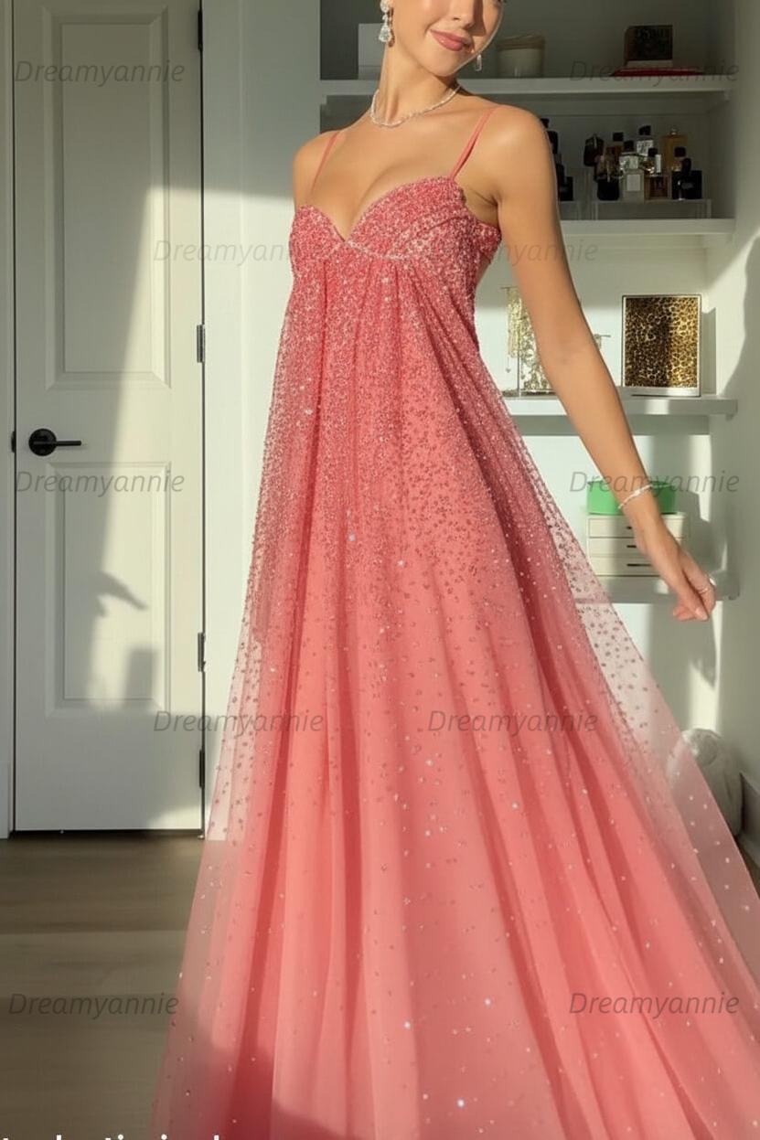 Bling A Line Spaghetti Straps Grey Blue Long Party Dress With Beading Formal Evening Gown