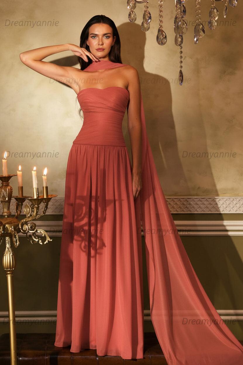 Orange A Line Prom Dress Sleeveless Strapless Evening Dress