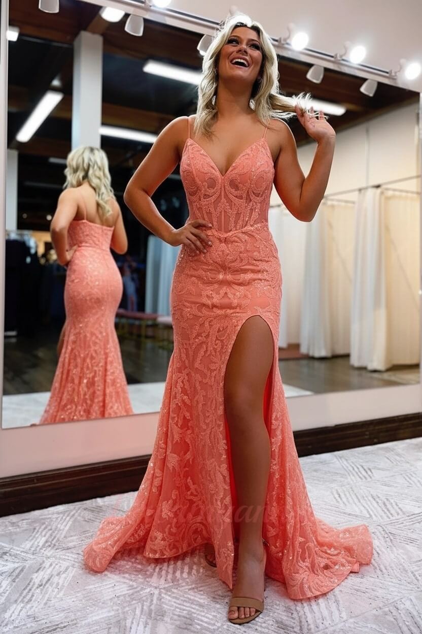 Orange Prom Dress Spaghetti Straps Mermaid Evening Dress