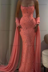 Pink Mermaid Prom Dress Strapless Beaded Evening Dress