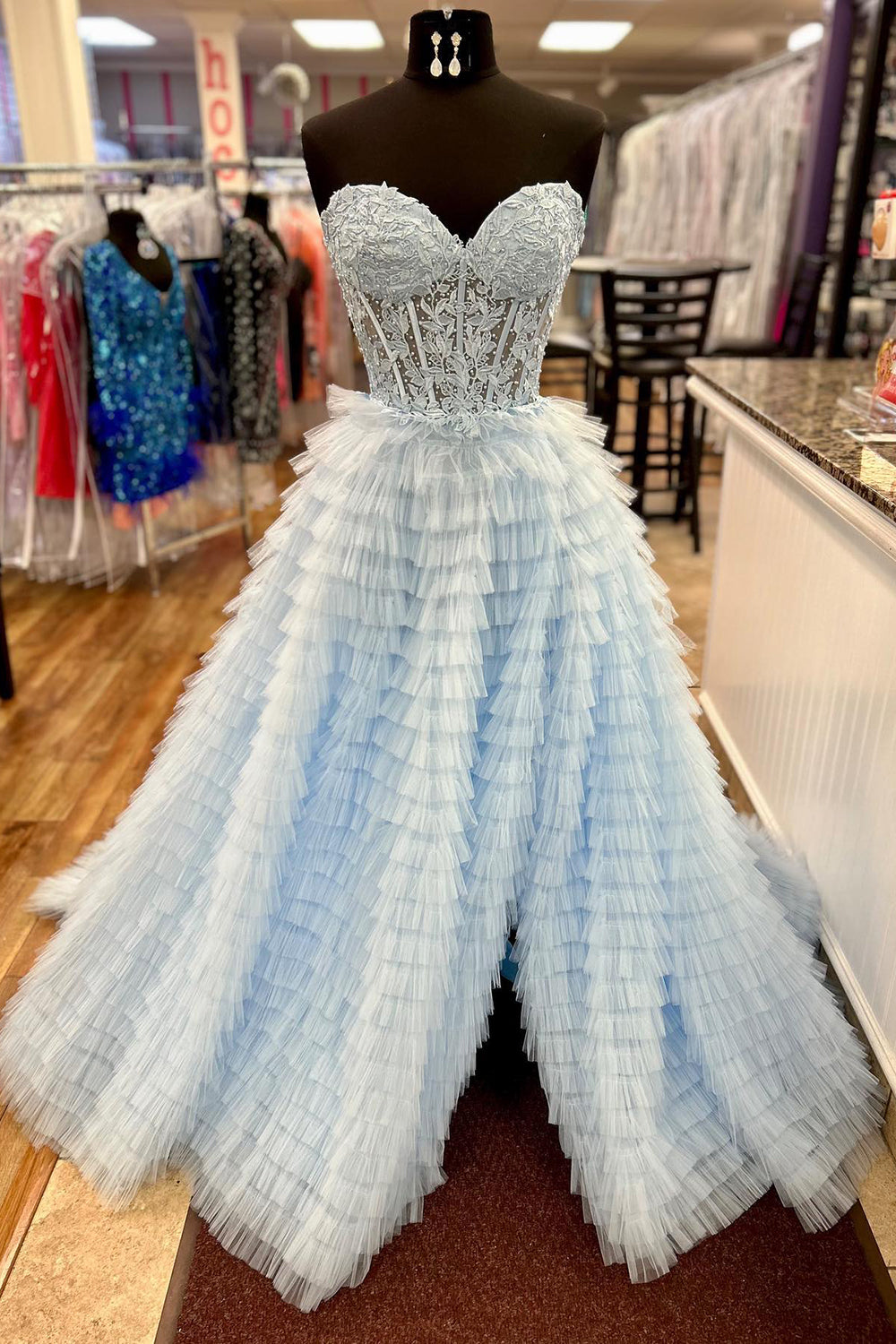 Corset Prom Dress A-Line Sweetheart Tiered Long Evening Dress with Lace