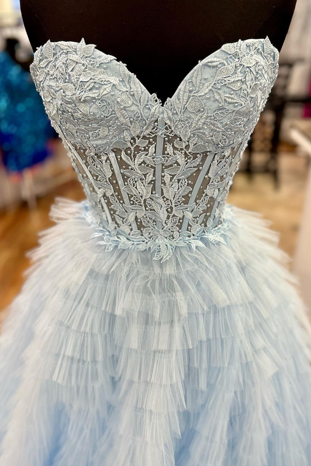 Corset Prom Dress A-Line Sweetheart Tiered Long Evening Dress with Lace