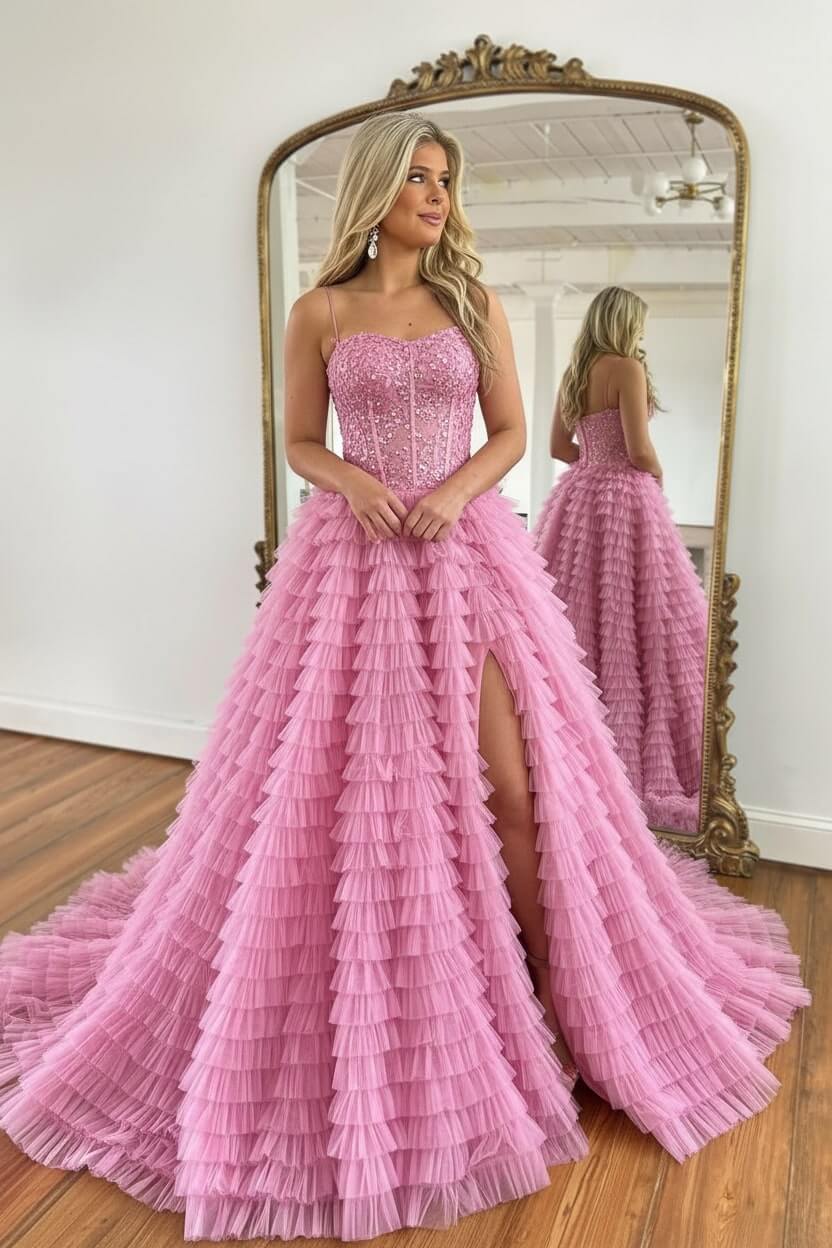 Corset Prom Dress Black Spaghetti Straps Tulle A-Line Long Evening Dress with Slit