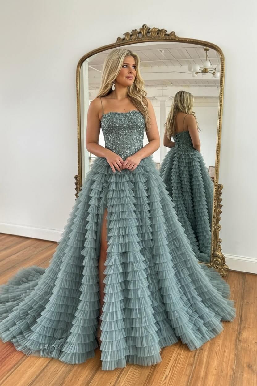 Corset Prom Dress Black Spaghetti Straps Tulle A-Line Long Evening Dress with Slit