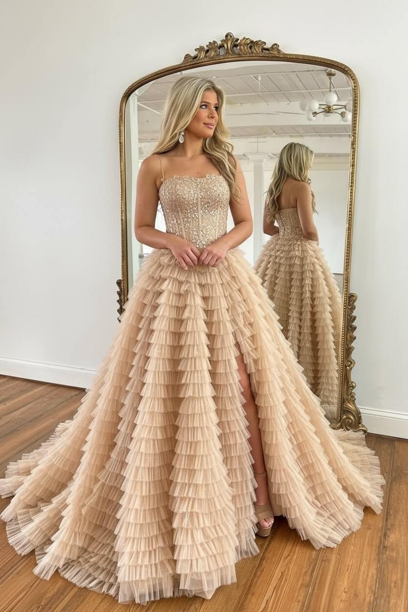 Corset Prom Dress Black Spaghetti Straps Tulle A-Line Long Evening Dress with Slit