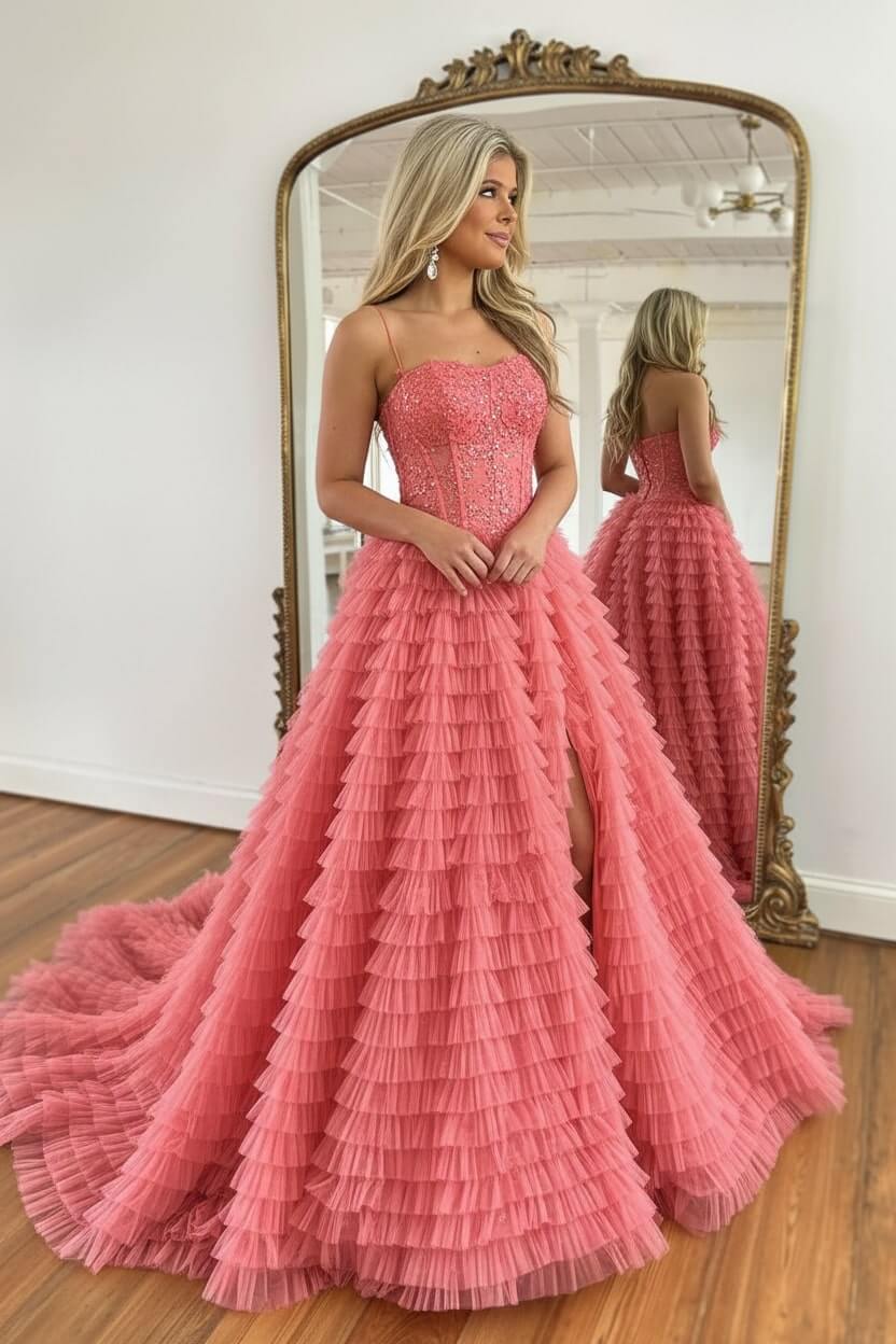 Corset Prom Dress Black Spaghetti Straps Tulle A-Line Long Evening Dress with Slit