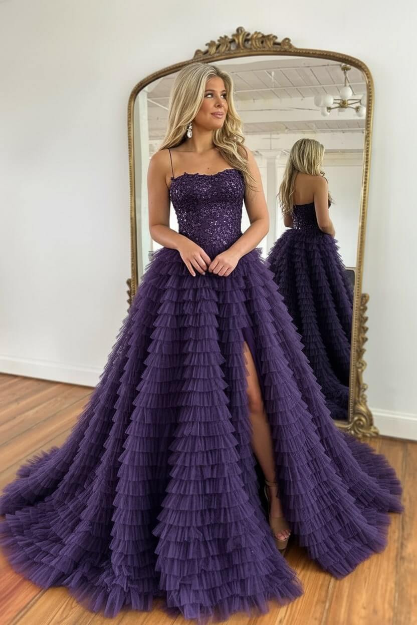 Corset Prom Dress Black Spaghetti Straps Tulle A-Line Long Evening Dress with Slit