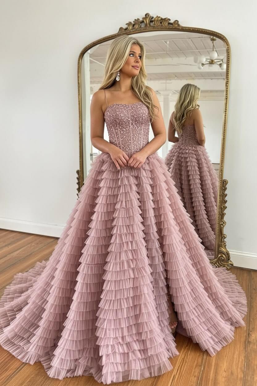 Corset Prom Dress Black Spaghetti Straps Tulle A-Line Long Evening Dress with Slit