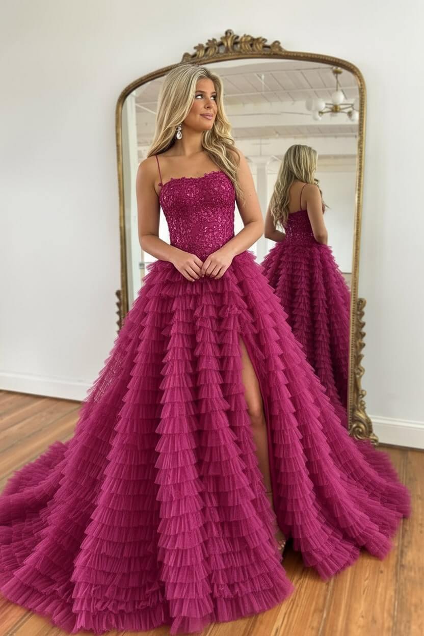 Corset Prom Dress Black Spaghetti Straps Tulle A-Line Long Evening Dress with Slit