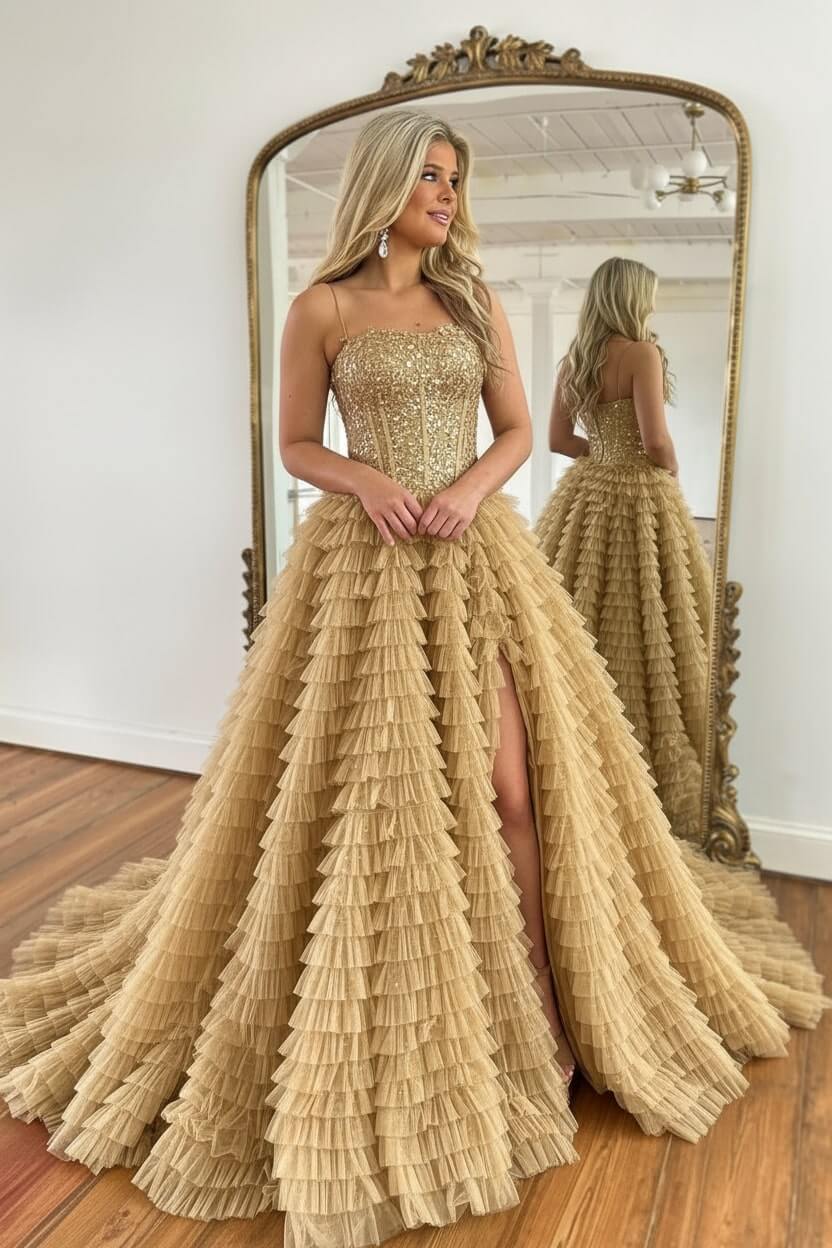 Corset Prom Dress Black Spaghetti Straps Tulle A-Line Long Evening Dress with Slit