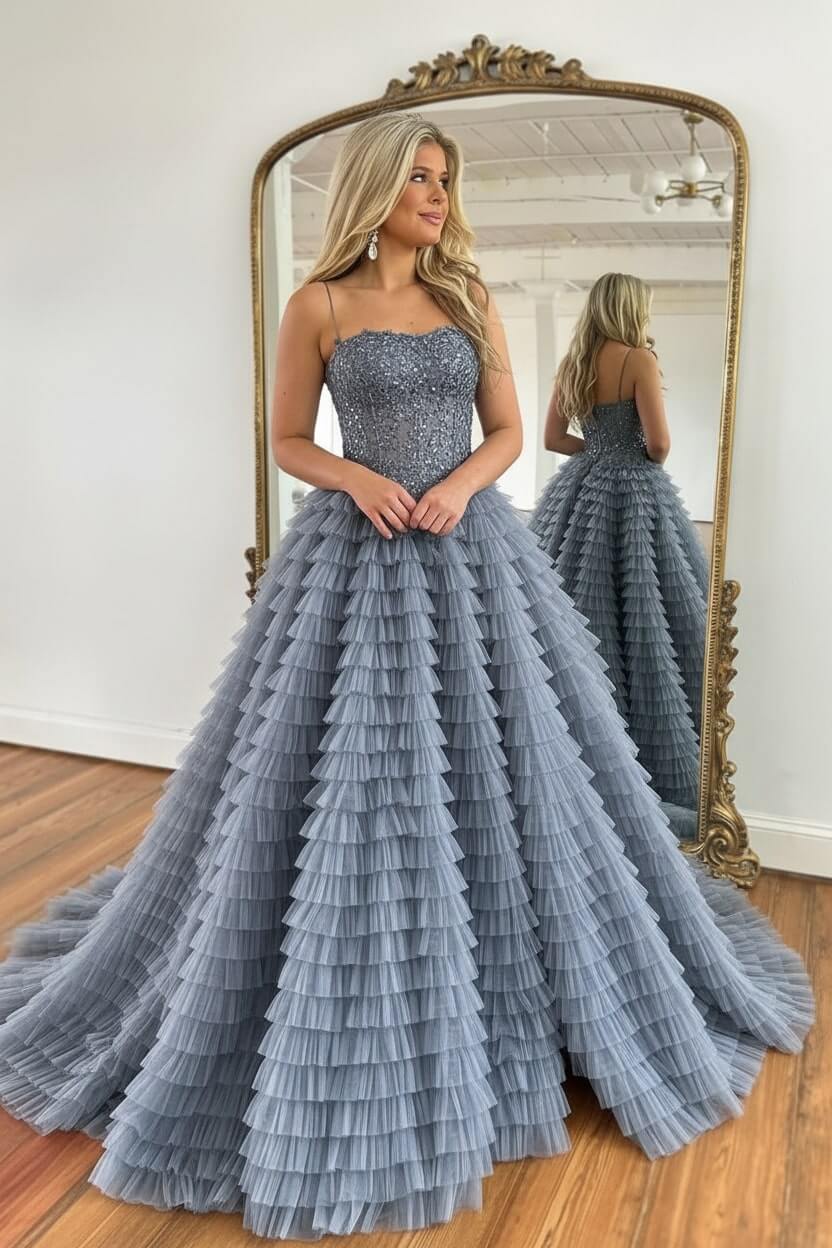 Corset Prom Dress Black Spaghetti Straps Tulle A-Line Long Evening Dress with Slit