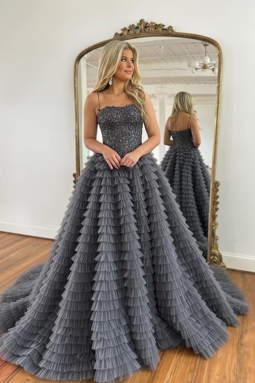 Corset Prom Dress Black Spaghetti Straps Tulle A-Line Long Evening Dress with Slit