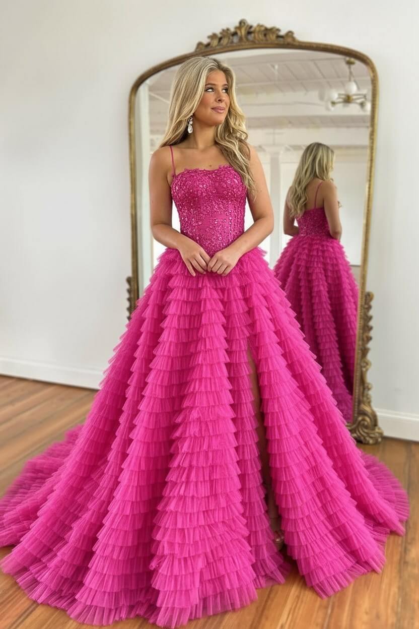 Corset Prom Dress Black Spaghetti Straps Tulle A-Line Long Evening Dress with Slit