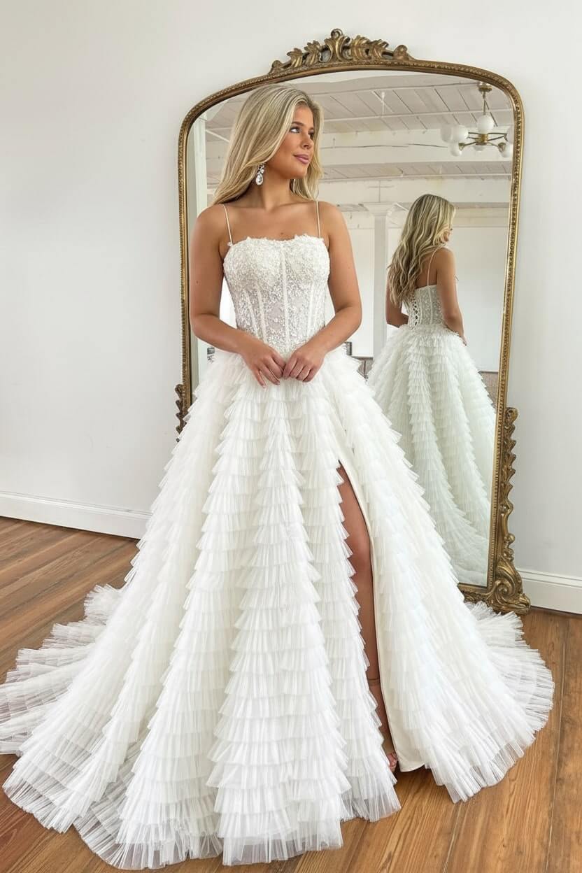 Corset Prom Dress Black Spaghetti Straps Tulle A-Line Long Evening Dress with Slit