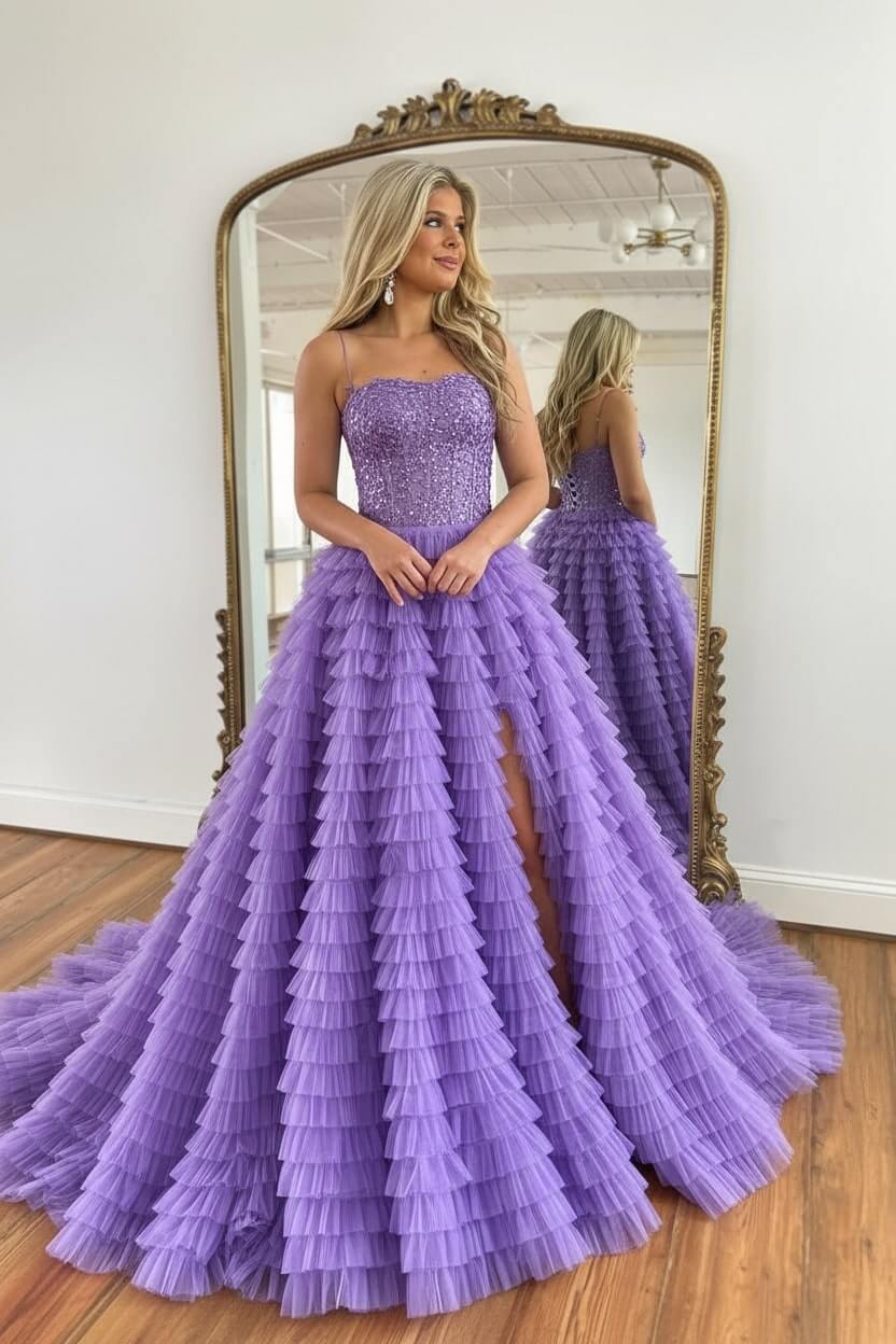 Corset Prom Dress Black Spaghetti Straps Tulle A-Line Long Evening Dress with Slit