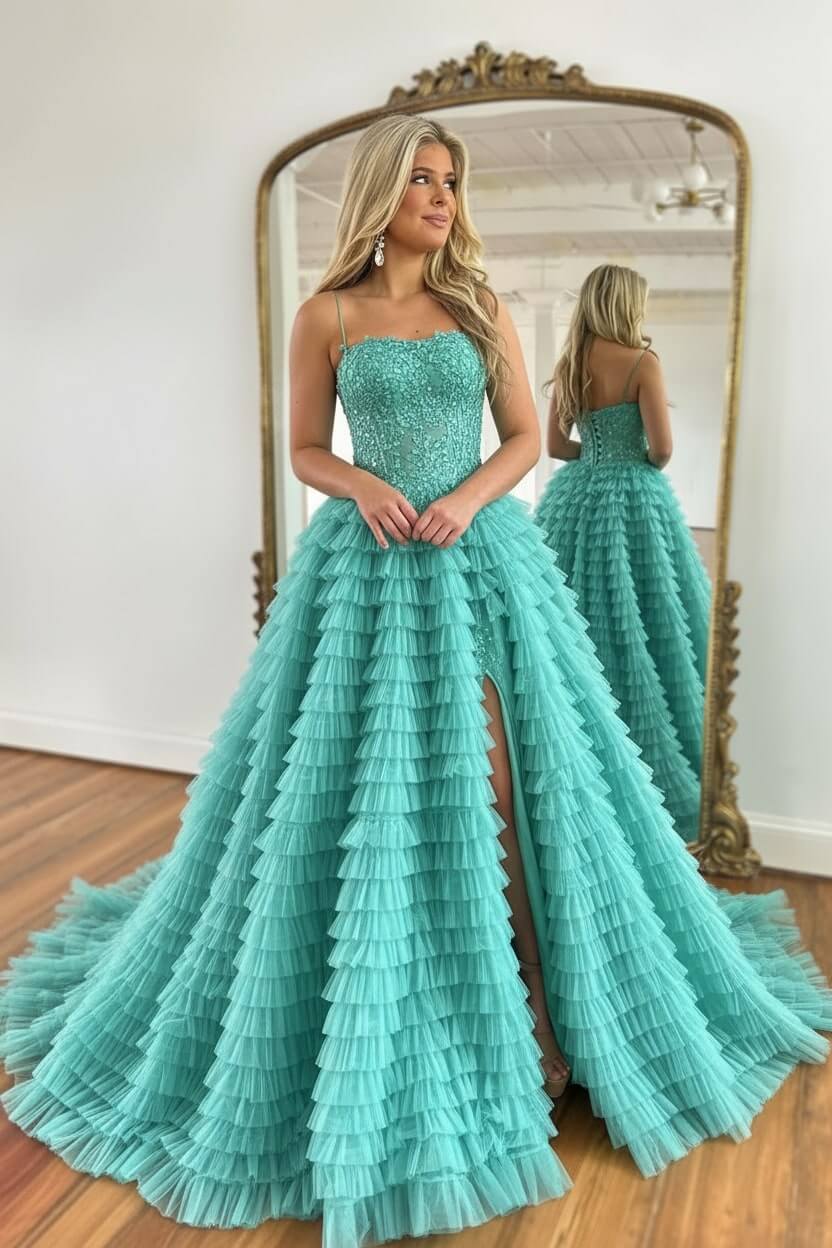 Corset Prom Dress Black Spaghetti Straps Tulle A-Line Long Evening Dress with Slit