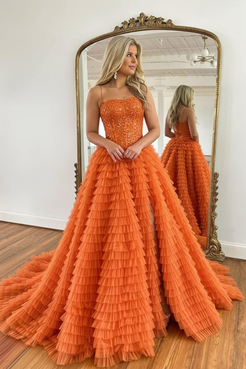 Corset Prom Dress Black Spaghetti Straps Tulle A-Line Long Evening Dress with Slit