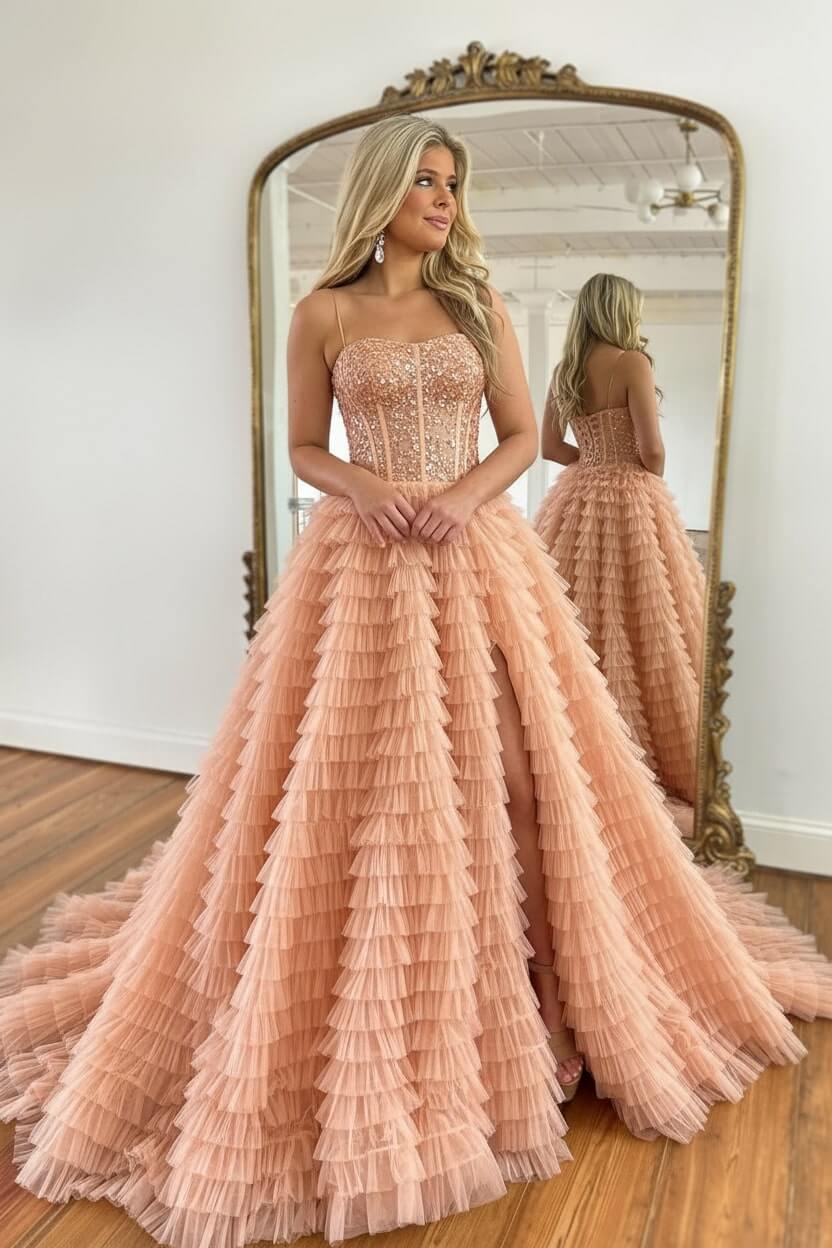 Corset Prom Dress Black Spaghetti Straps Tulle A-Line Long Evening Dress with Slit