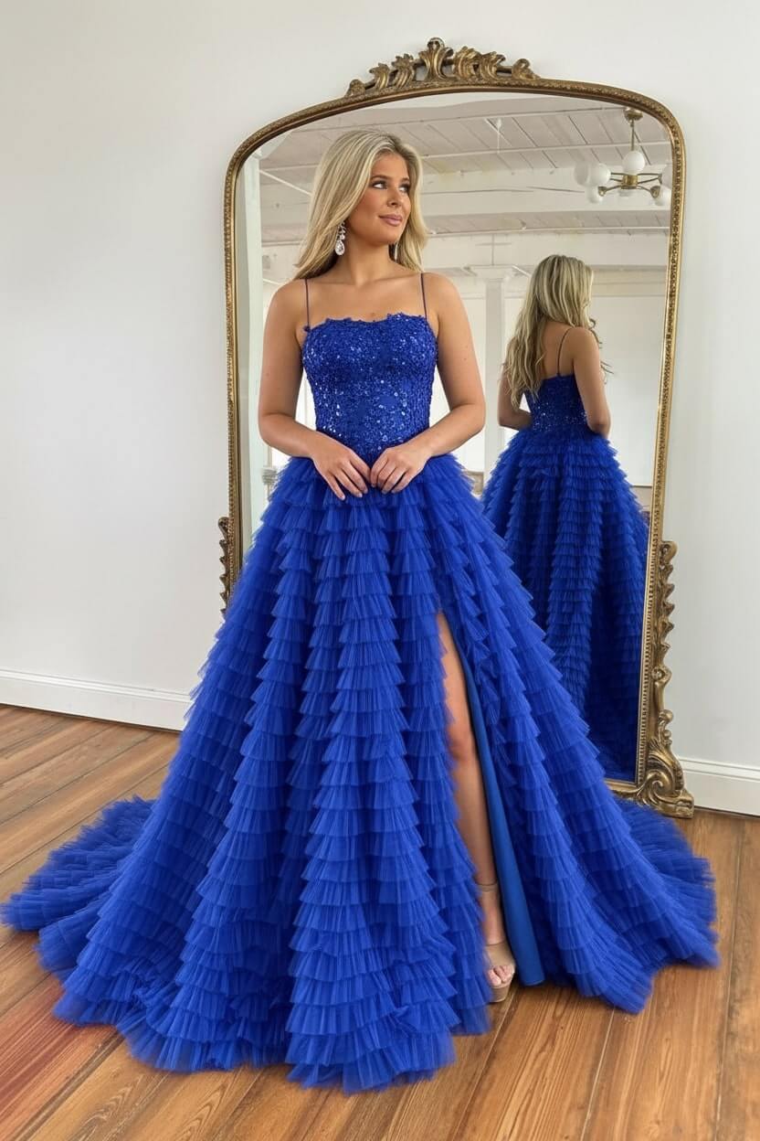 Corset Prom Dress Black Spaghetti Straps Tulle A-Line Long Evening Dress with Slit