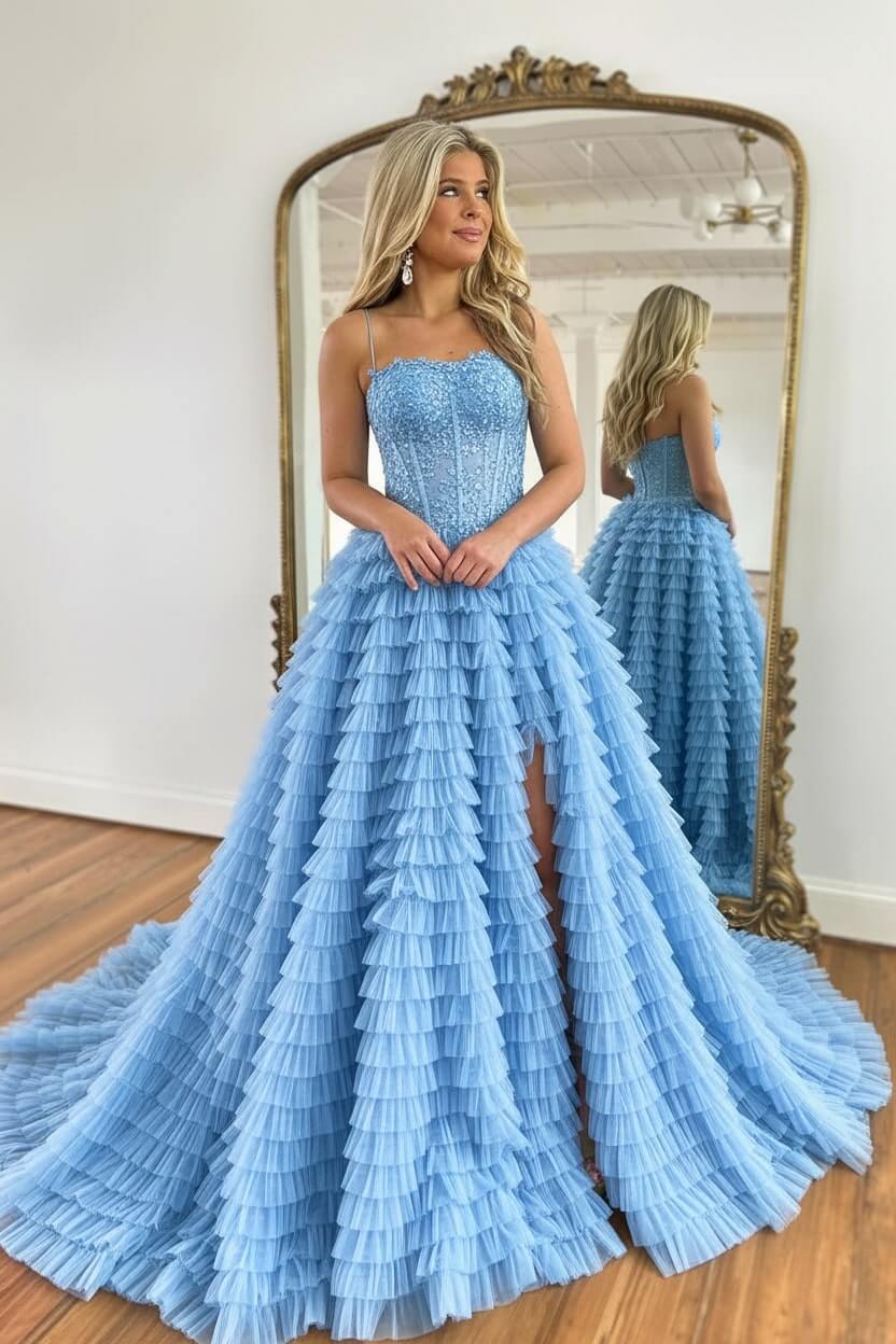 Corset Prom Dress Black Spaghetti Straps Tulle A-Line Long Evening Dress with Slit