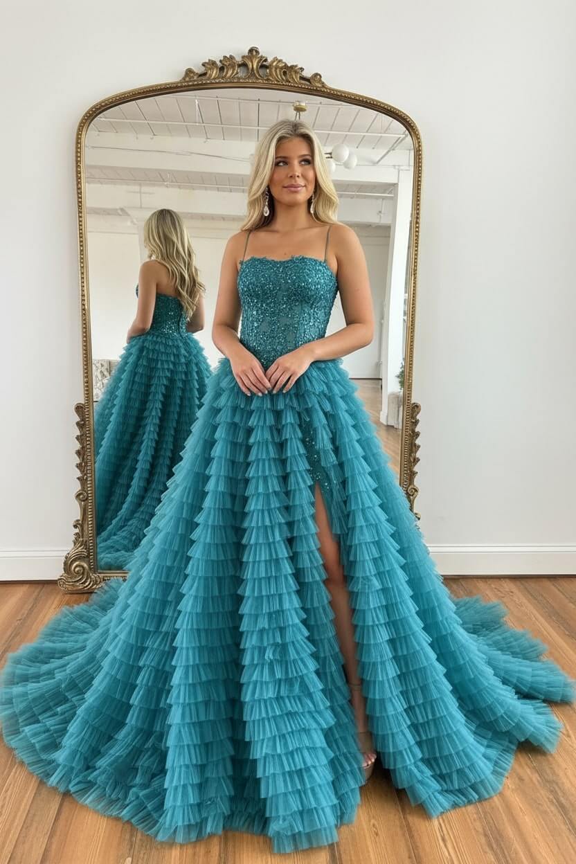 Corset Prom Dress Black Spaghetti Straps Tulle A-Line Long Evening Dress with Slit