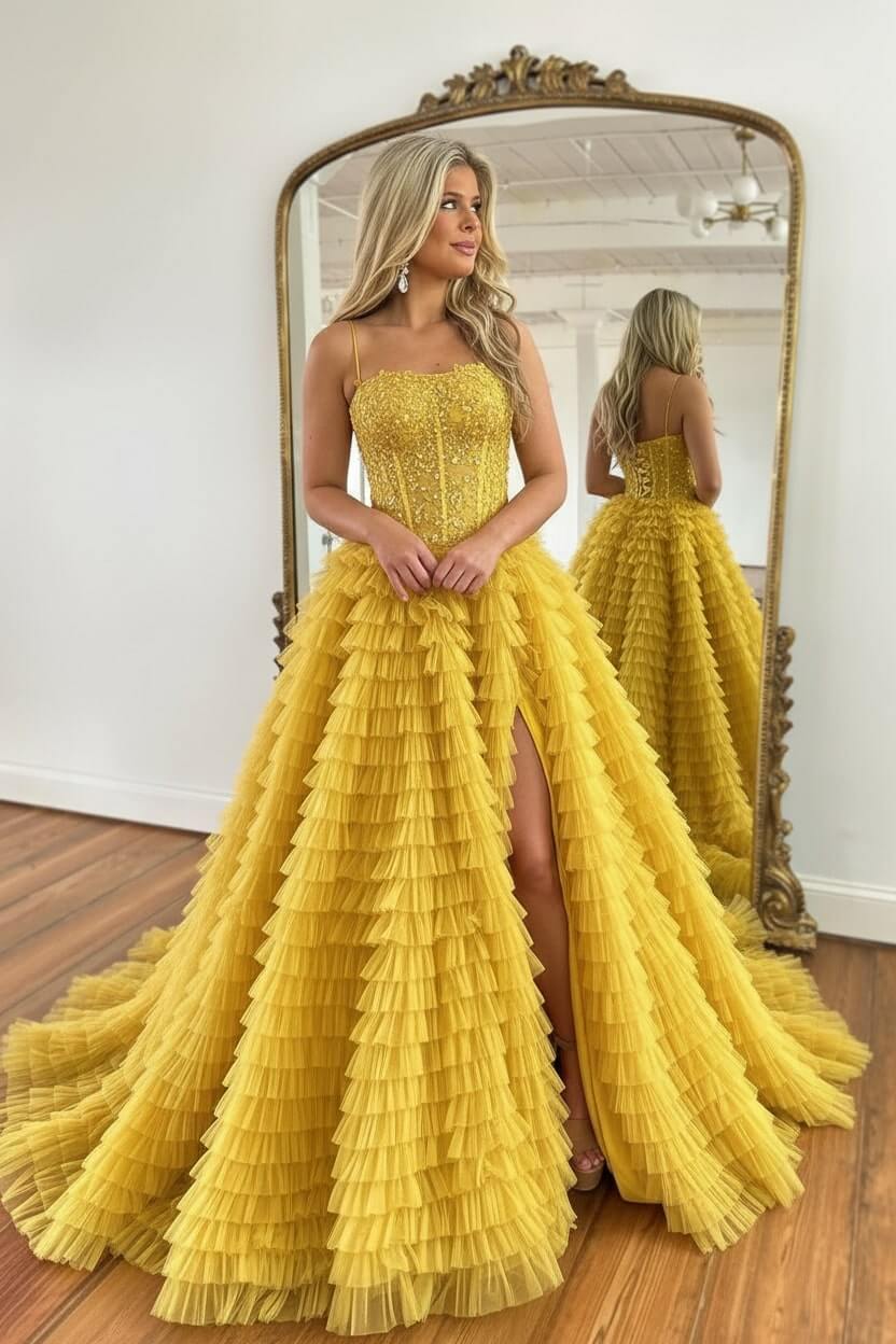 Corset Prom Dress Black Spaghetti Straps Tulle A-Line Long Evening Dress with Slit