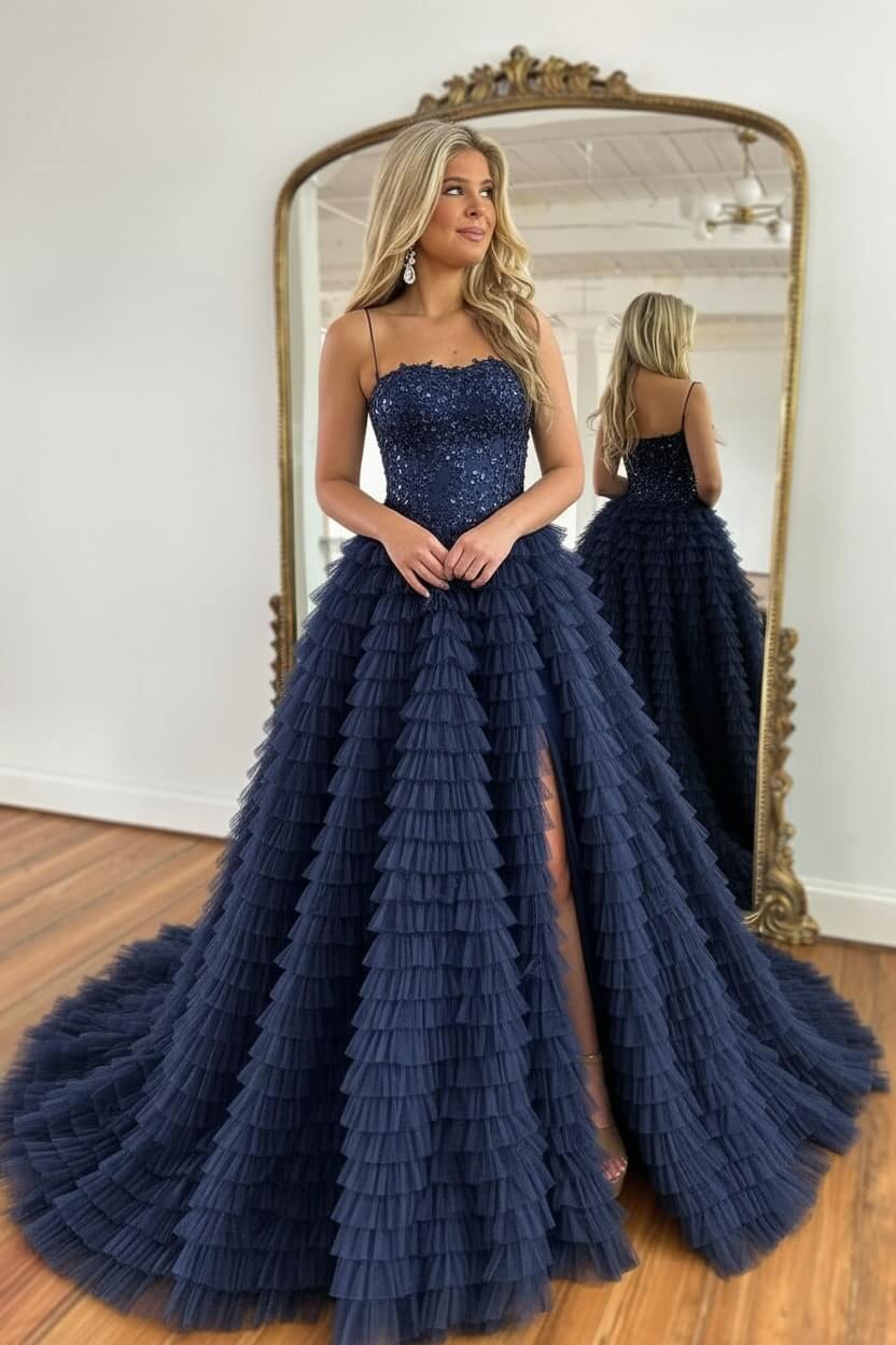 Corset Prom Dress Black Spaghetti Straps Tulle A-Line Long Evening Dress with Slit