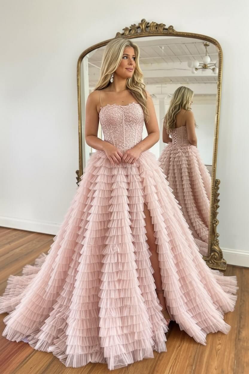 Corset Prom Dress Black Spaghetti Straps Tulle A-Line Long Evening Dress with Slit