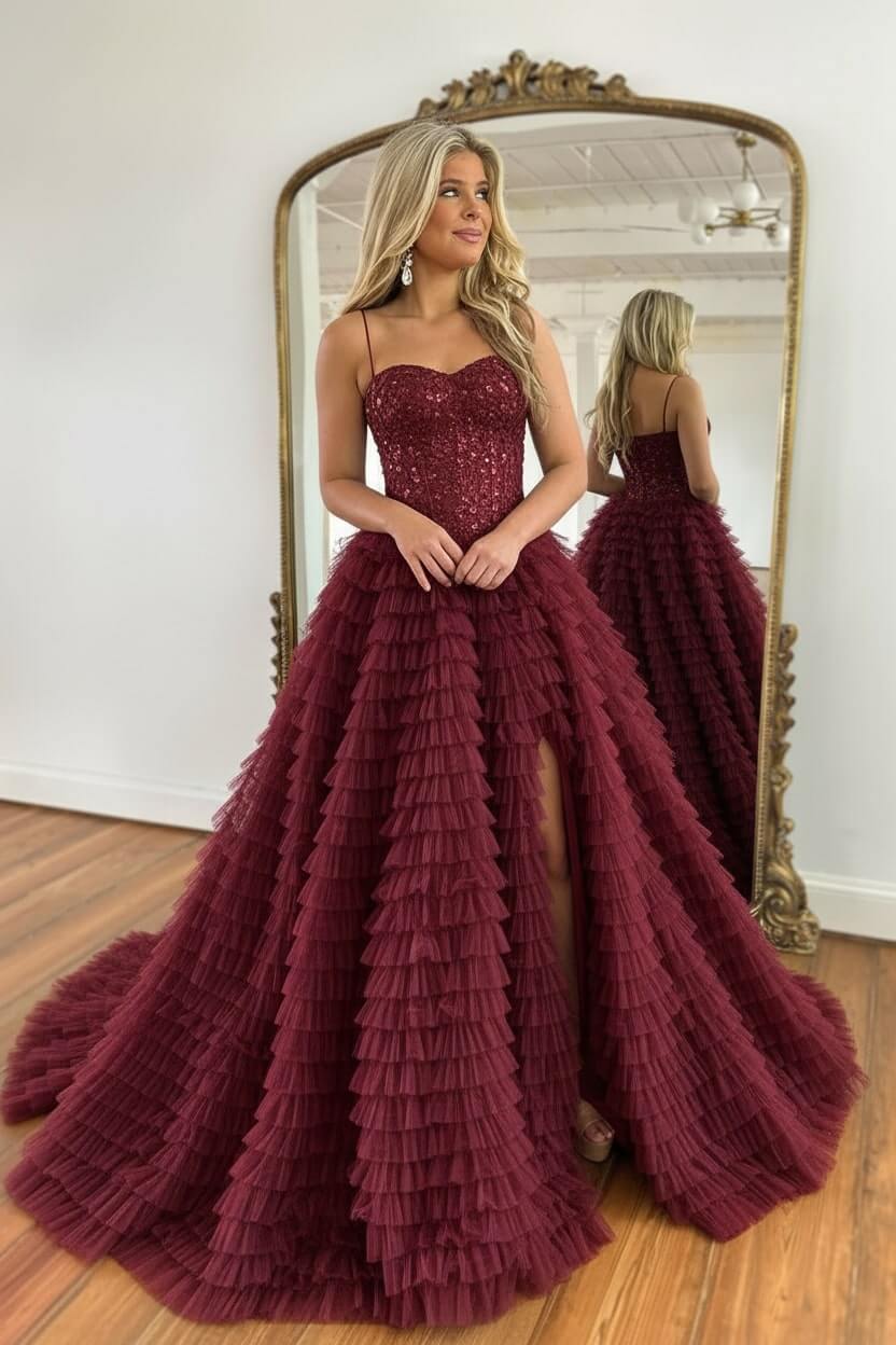 Corset Prom Dress Black Spaghetti Straps Tulle A-Line Long Evening Dress with Slit