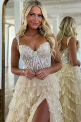 Corset Prom Dress Tiered Long Tulle Evening Dress with Slit