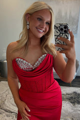 Corset Red Prom Dress Sweetheart Formal Dress With Beadings