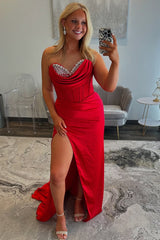 Corset Red Prom Dress Sweetheart Formal Dress With Beadings