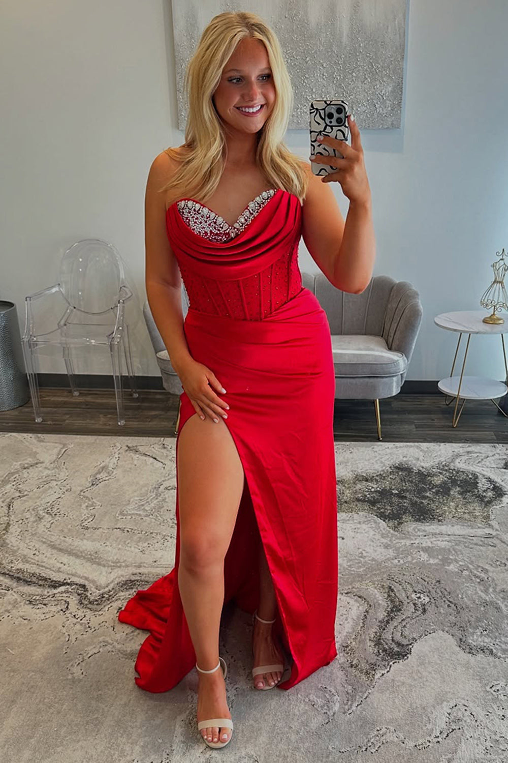 Corset Red Prom Dress Sweetheart Formal Dress With Beadings