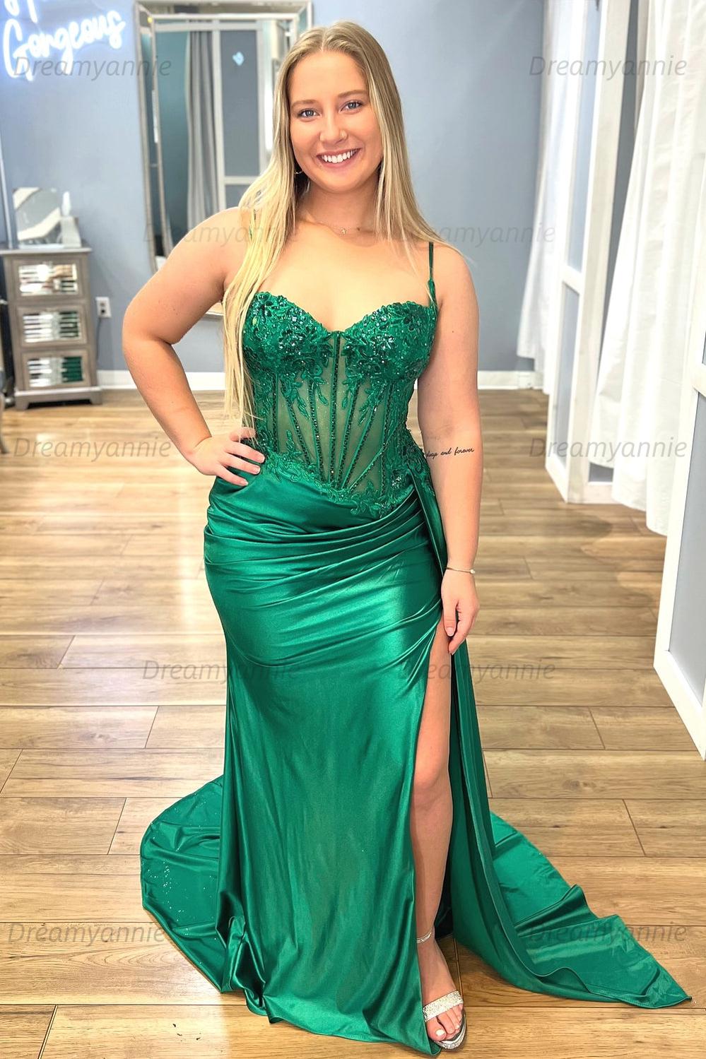 Corset Sequined Prom Dress Satin Appliqued Long Formal Dress With Slit