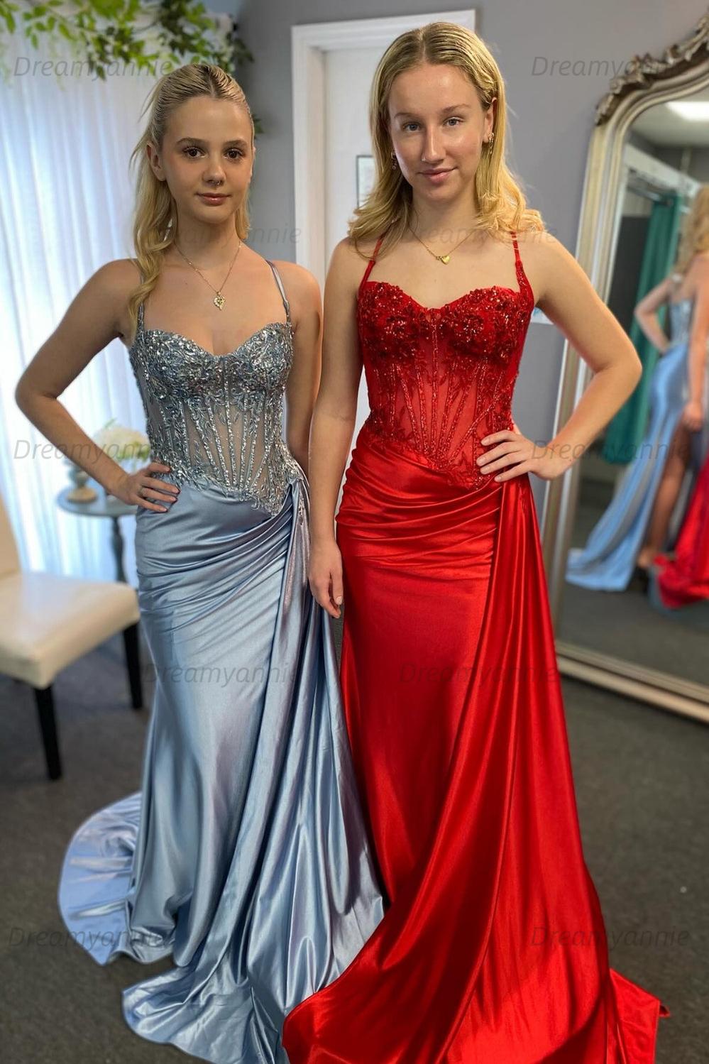Corset Sequined Prom Dress Satin Appliqued Long Formal Dress With Slit