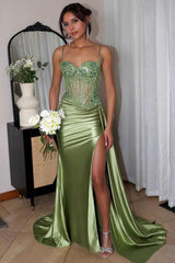Corset Sequined Prom Dress Satin Appliqued Long Formal Dress With Slit