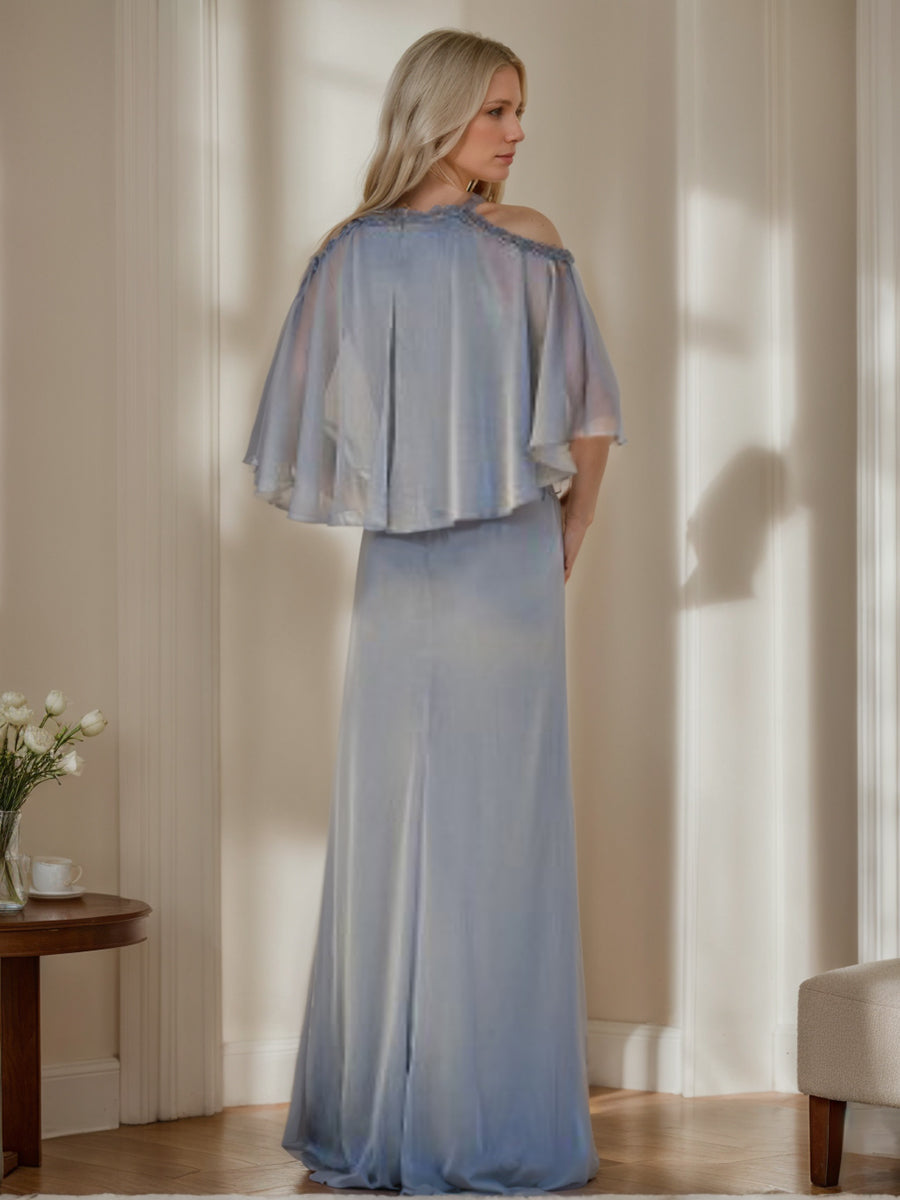Cowl Neck Half-Sleeve Sheath/Column Mother of the Bride Dress with Ruffles and Beadings