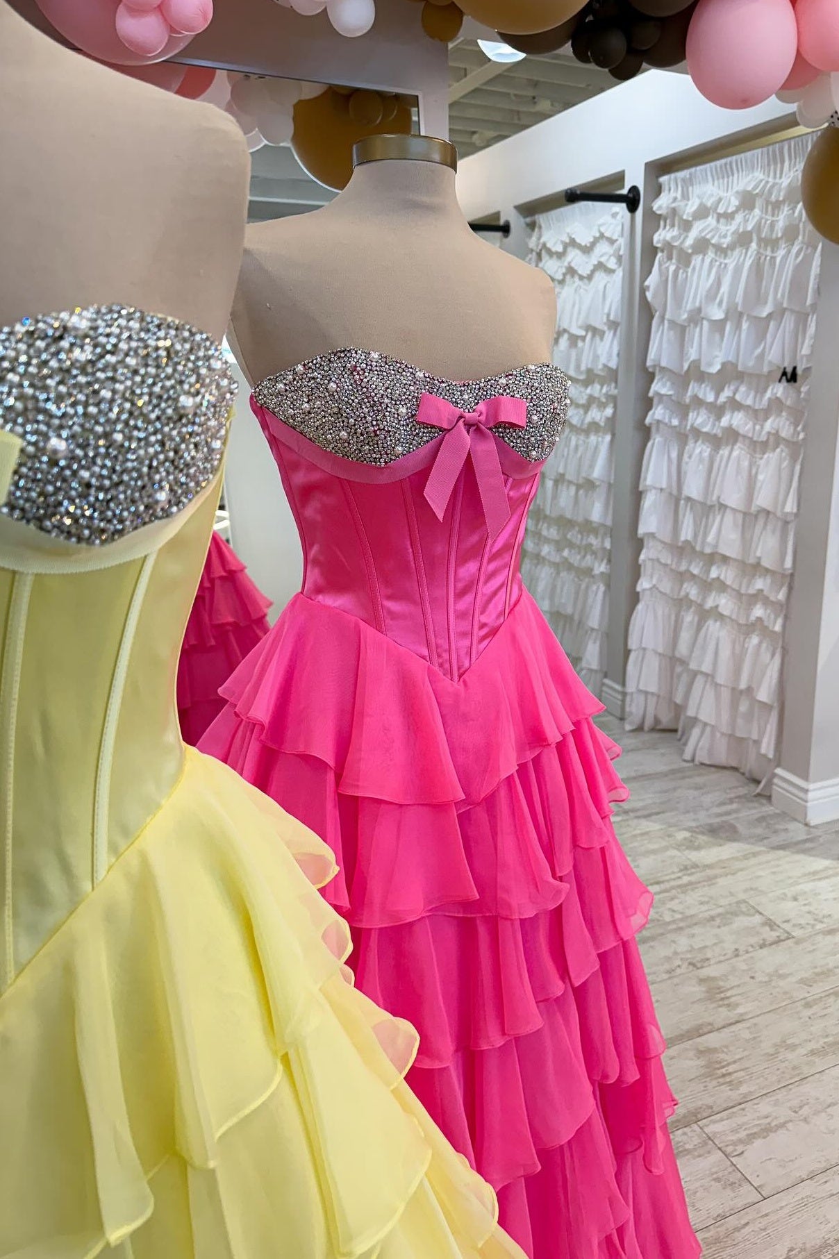 A Line Sweetheart Yellow Corset Prom Dress With Beading Ruffles Formal Evening Gown