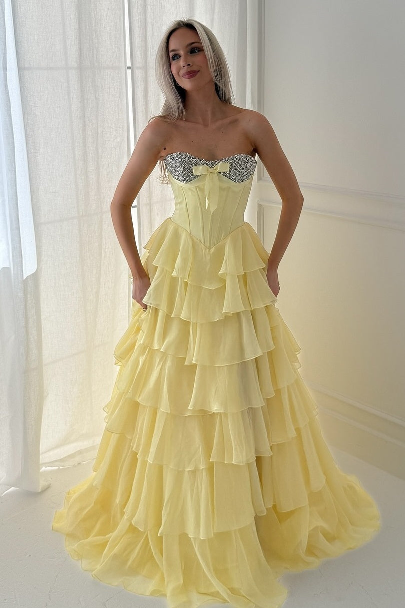 A Line Sweetheart Yellow Corset Prom Dress With Beading Ruffles Formal Evening Gown