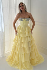 A Line Sweetheart Yellow Corset Prom Dress With Beading Ruffles Formal Evening Gown