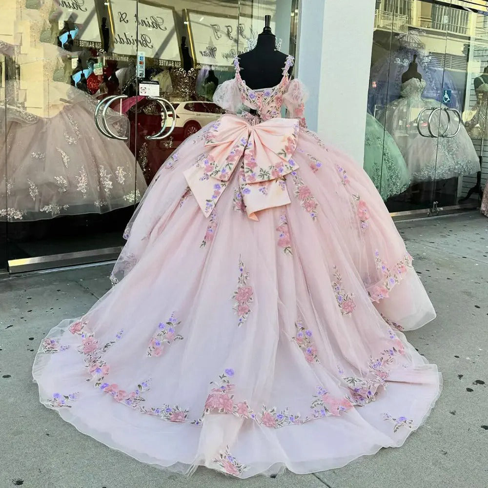 Cute Ball Gown V Neck Spaghetti Straps Puff Sleeves Floral Lace Appliques Beaded Tiered Ruffles Bow Knot Pink Tulle Quinceanera Dress For Sweet 16