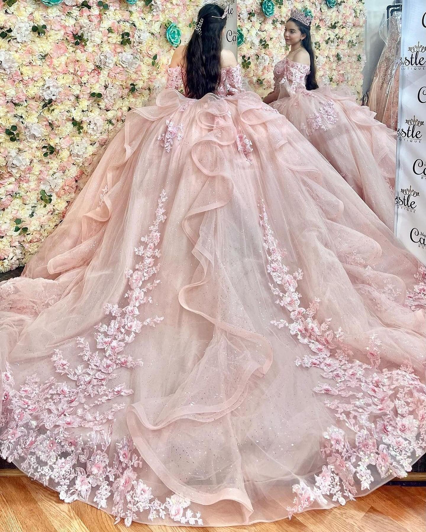 Cute & Chic Ball Gown Off Shoulder Lace Appliques Pink Tulle Princess Birthday Party Gown Quinceanera Dress For Sweet 16