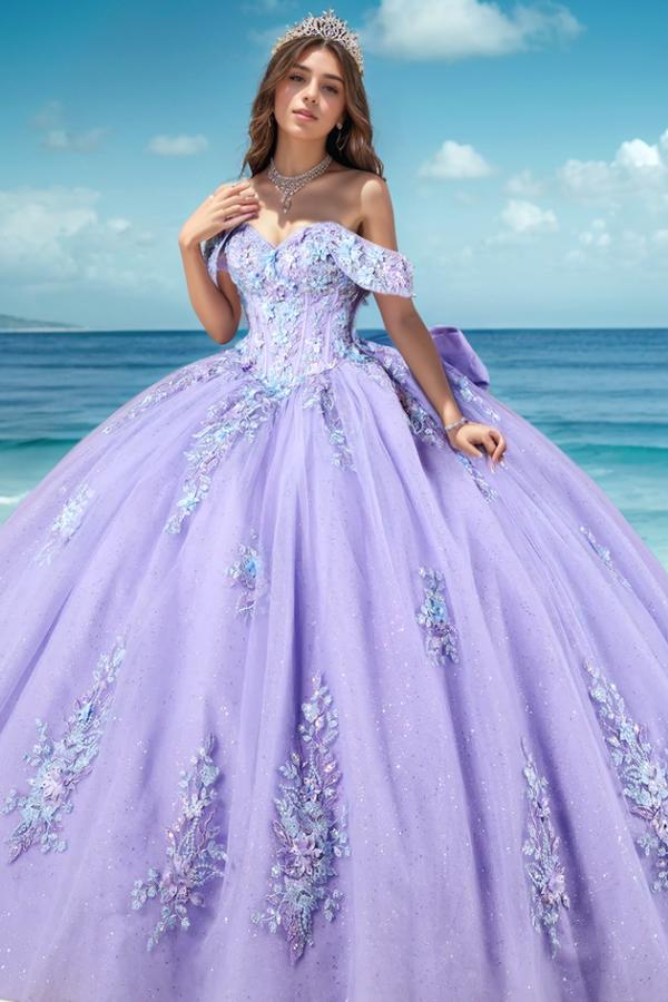 Dreamyannie UK Cute & Glitter Ball Gown Off Shoulder Sleeveless Appliques  Bow Knot Purple Tulle Formal Evening Party Dress Quinceanera Dress For  Sweet 16