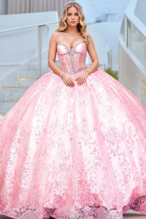 Cute & Modern Ball Gown Sweetheart Neck Sleeveless Beaded Sequins Appliques Pink Tulle Quinceanera Dress Birthday Party Dress For Sweet 16
