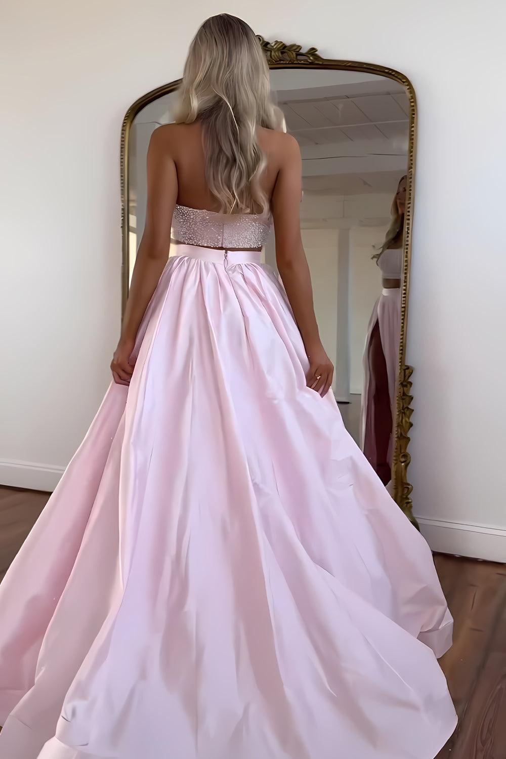 Cute Pink Strapless Beaded Top Long Satin Prom Dress With Slit Formal Evening Gown