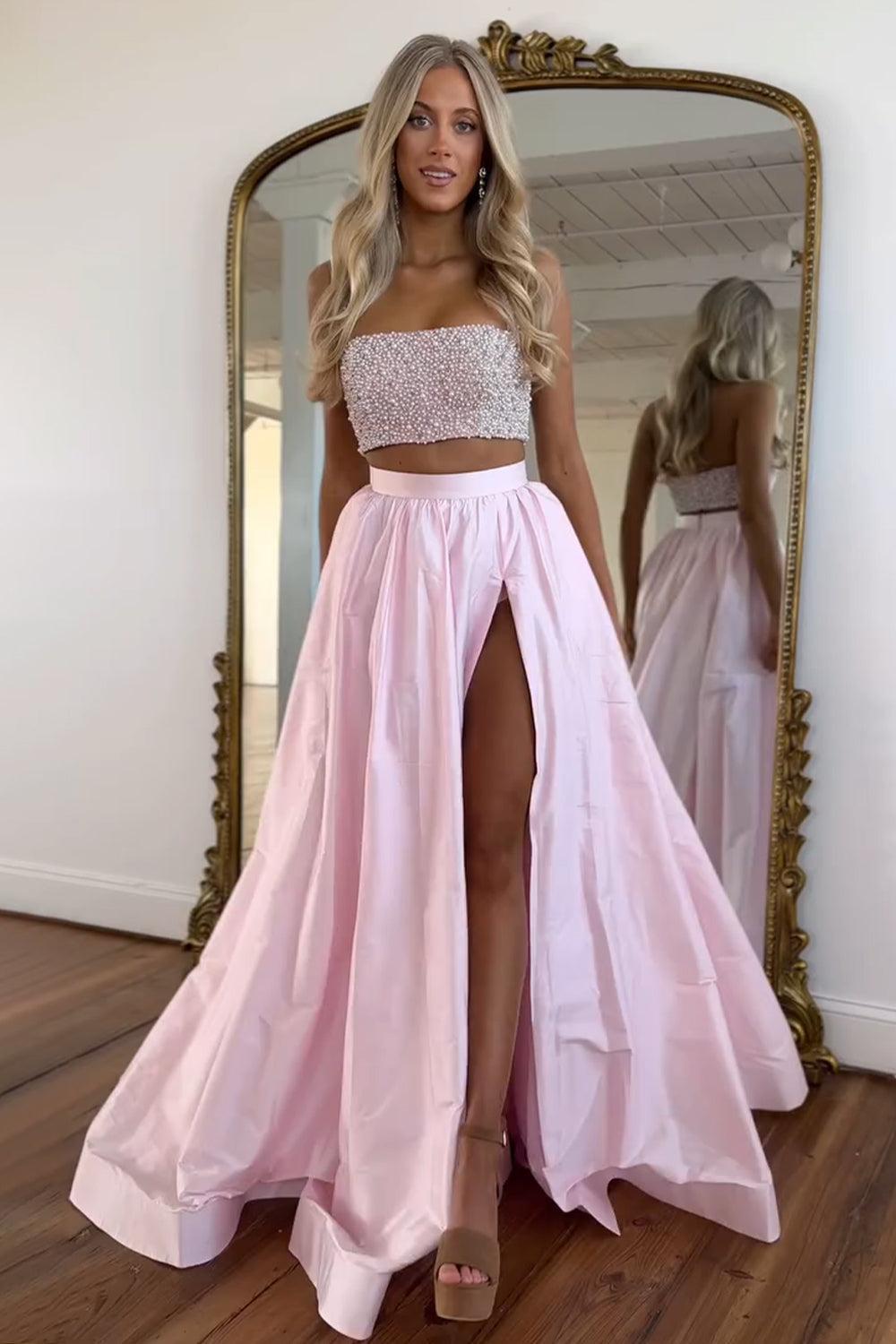 Cute Pink Strapless Beaded Top Long Satin Prom Dress With Slit Formal Evening Gown