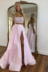 Cute Pink Strapless Beaded Top Long Satin Prom Dress With Slit Formal Evening Gown