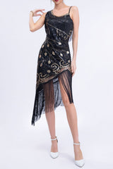 Black 1920s Dress Asymmetric Sequin Fringe Gatsby Dress